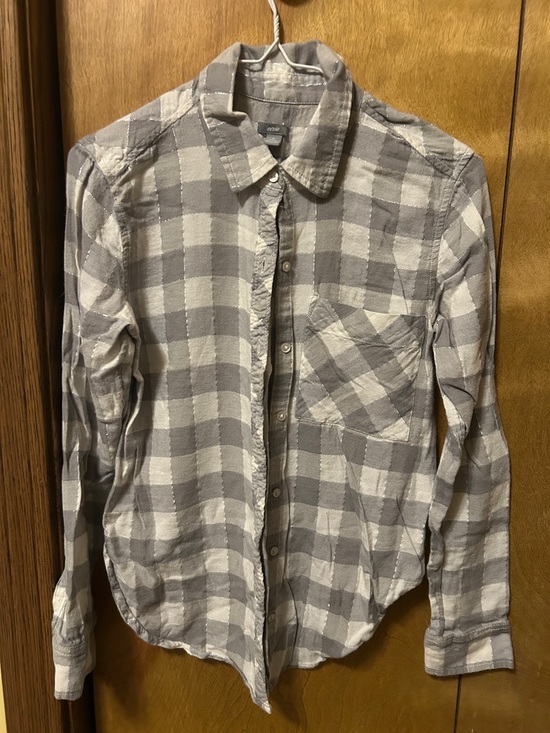 aerie Tops - aerie Gray and White Plaid Button-Down Shirt
